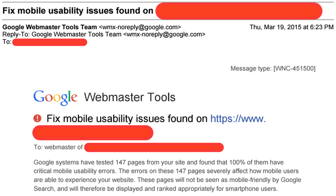 Picture of Webmaster Tools Email Warning About Mobile Errors