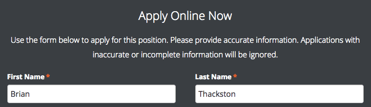 Screenshot of an application form on a website.
