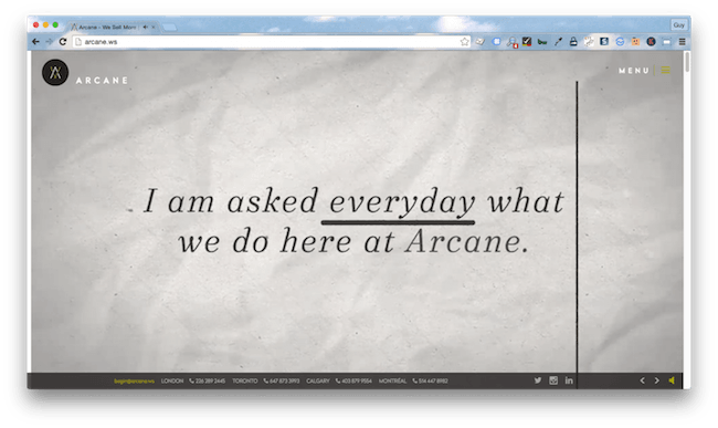 Homepage screenshot of London creative agency, Arcane.