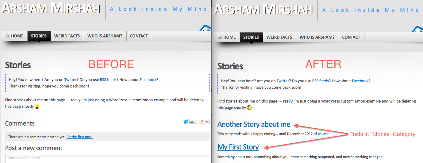 Before & After of adding posts to pages in WordPress