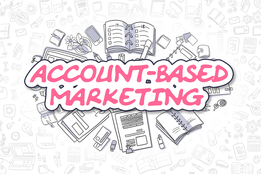 Account-based marketing framework in magenta letters with cartoon icons.