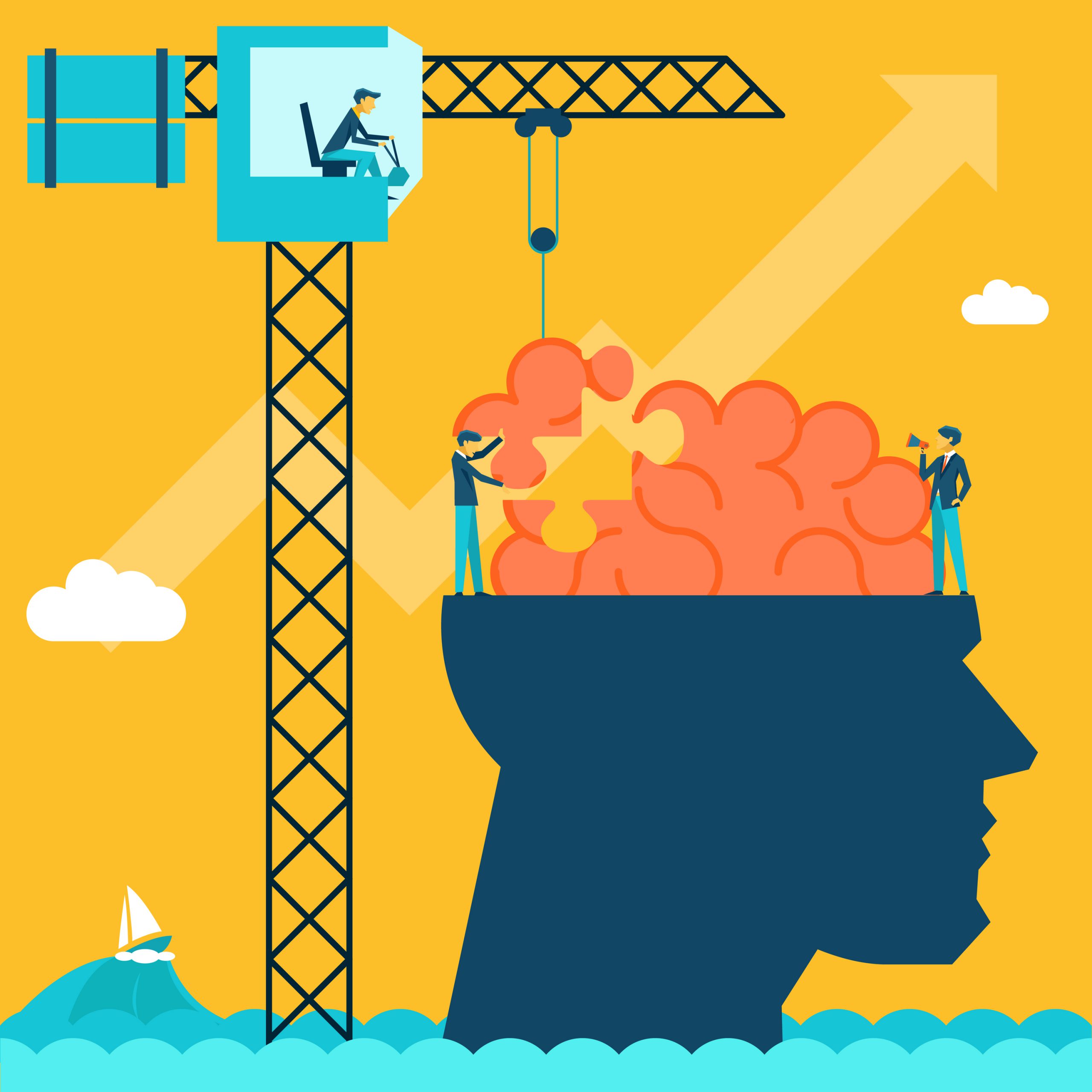 Man with brain puzzle. Creative concept background. Puzzle and create build, crane and head, businessman and conceptual, imagination. Vector illustration