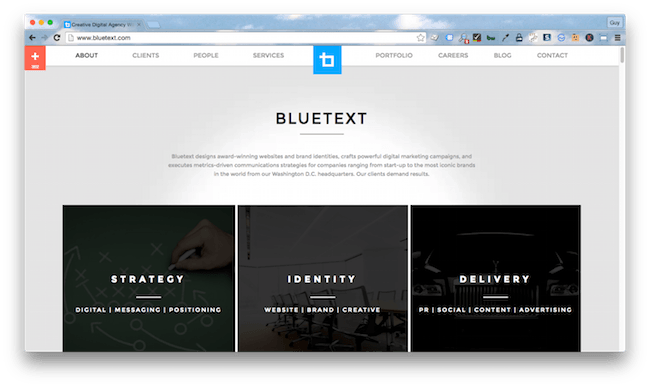 Homepage screenshot of Washington DC branding agency, Bluetext.