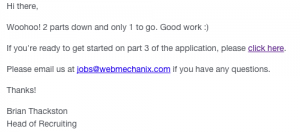 Email example asking applicant to proceed to step 3