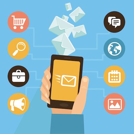 Phone and icons symbolizing email marketing automation software solutions.