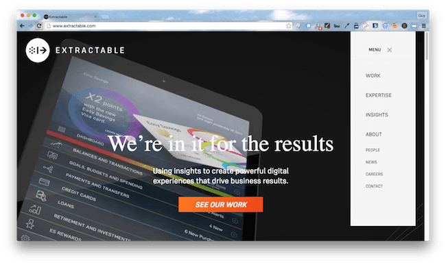 Homepage screenshot of California design agency, Extractable.