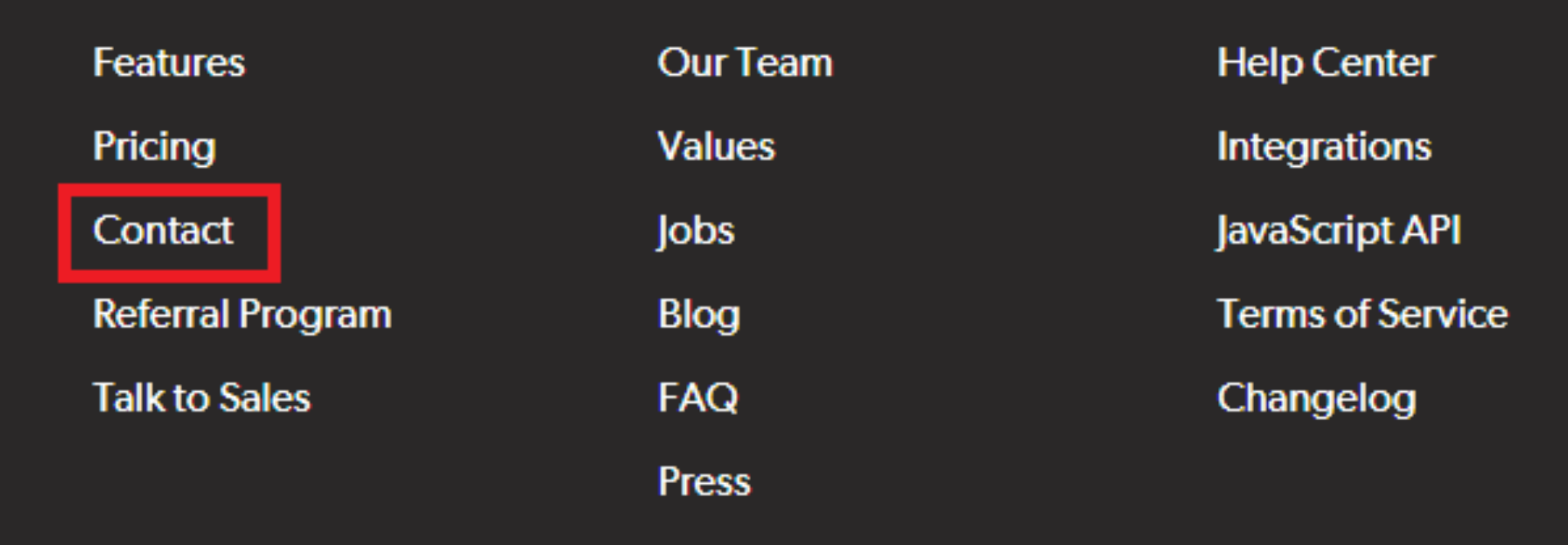 Sample footer menu with only place to Contact