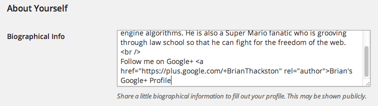 Add Google Authorship link to user biography