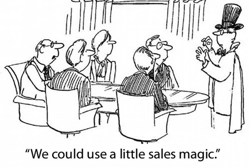 Generating quality sales leads symbolized by comic with magician doing sales magic.