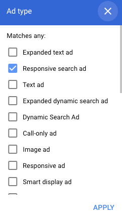 responsive search ad type in filtering dropdown