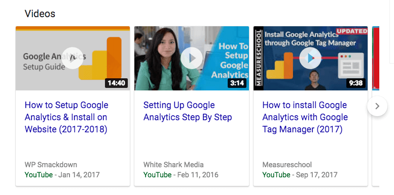 SERP features Video results example