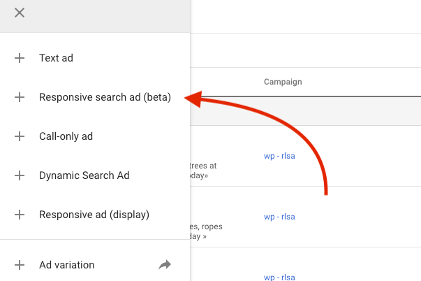 Select Responsive search ad in Google Ads