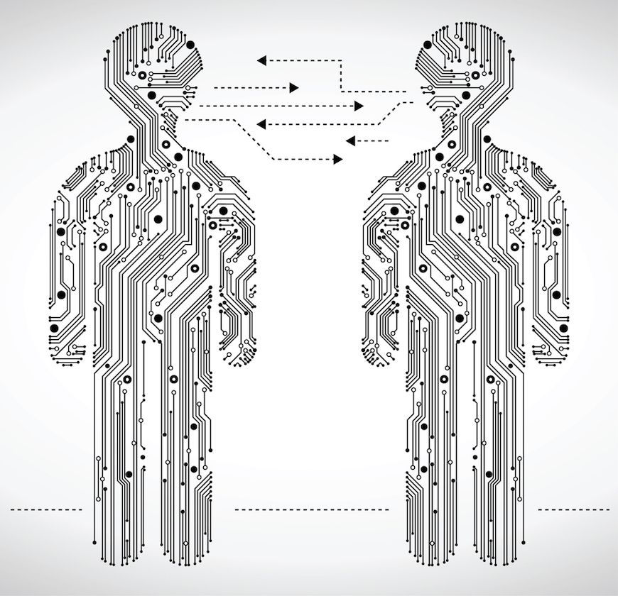 Two people made of wires illustrating email exchanges
