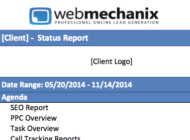 Screen shot of the monthly SEO report sent to clients.