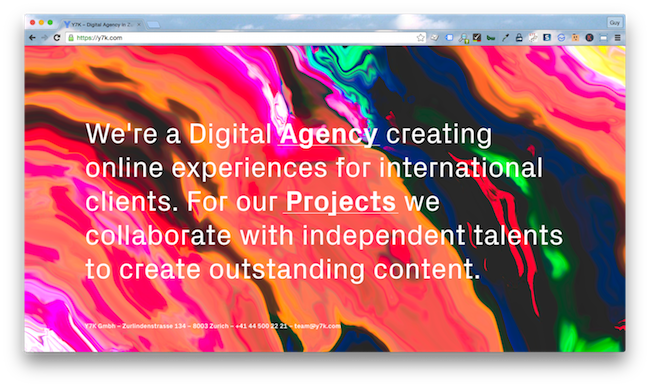 Homepage screenshot of Zurich marketing agency, Y7K.
